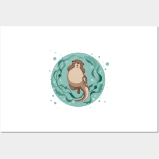 sea otter floating on water with kelp forest vector illustration Posters and Art